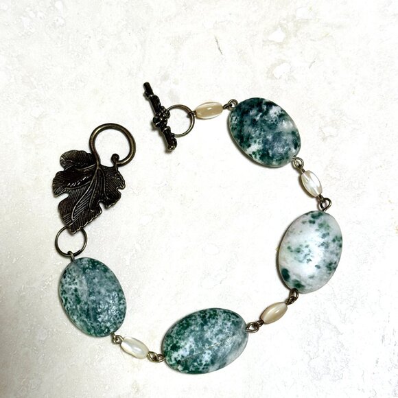 2/$20, Genuine Tree Agate Bracelet, Natural Green Gemstone & Bronze Grape Leaf - Picture 2 of 13